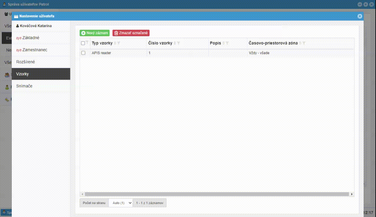 Zmazanie vzorky užívateľovi