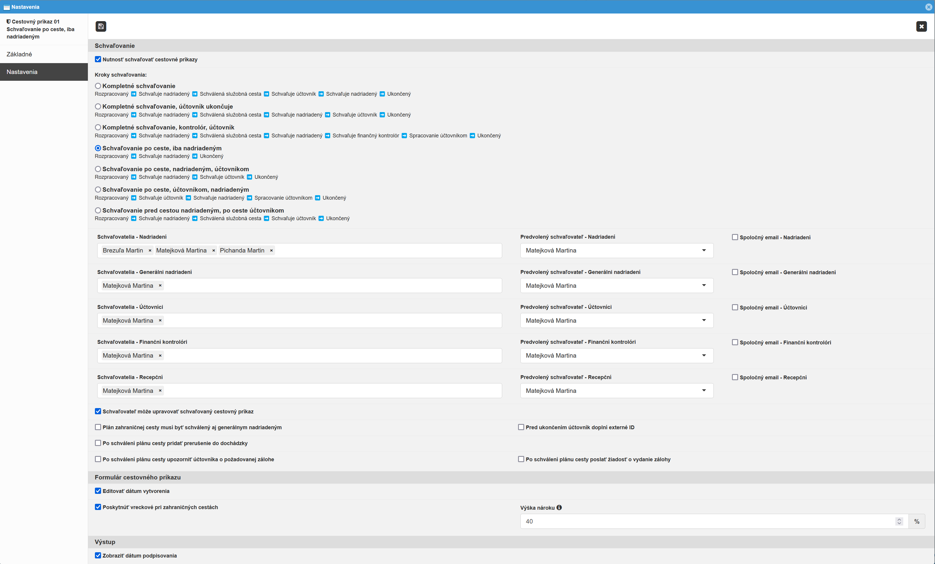 Nastavenia cestovných príkazov