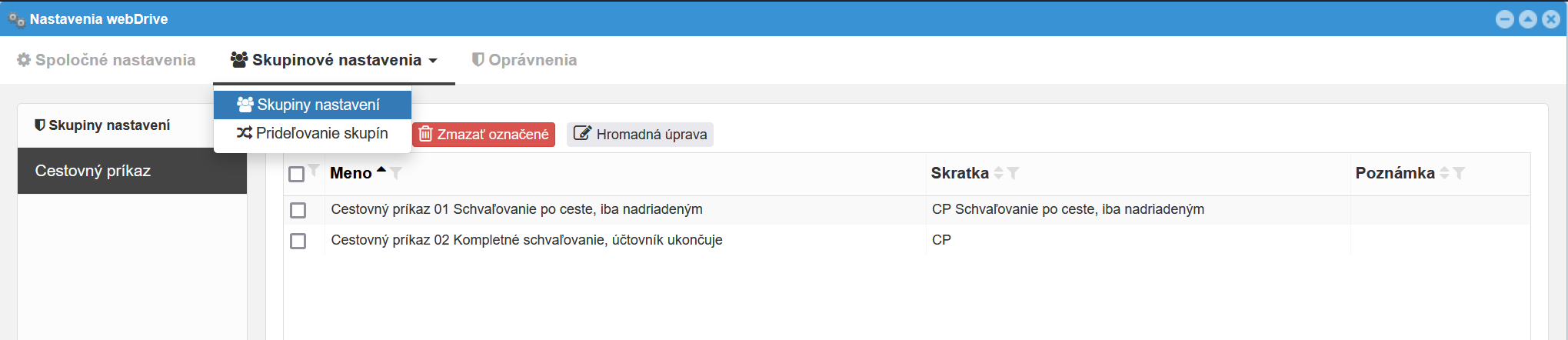 Skupinové nastavenia Cestovných príkazov