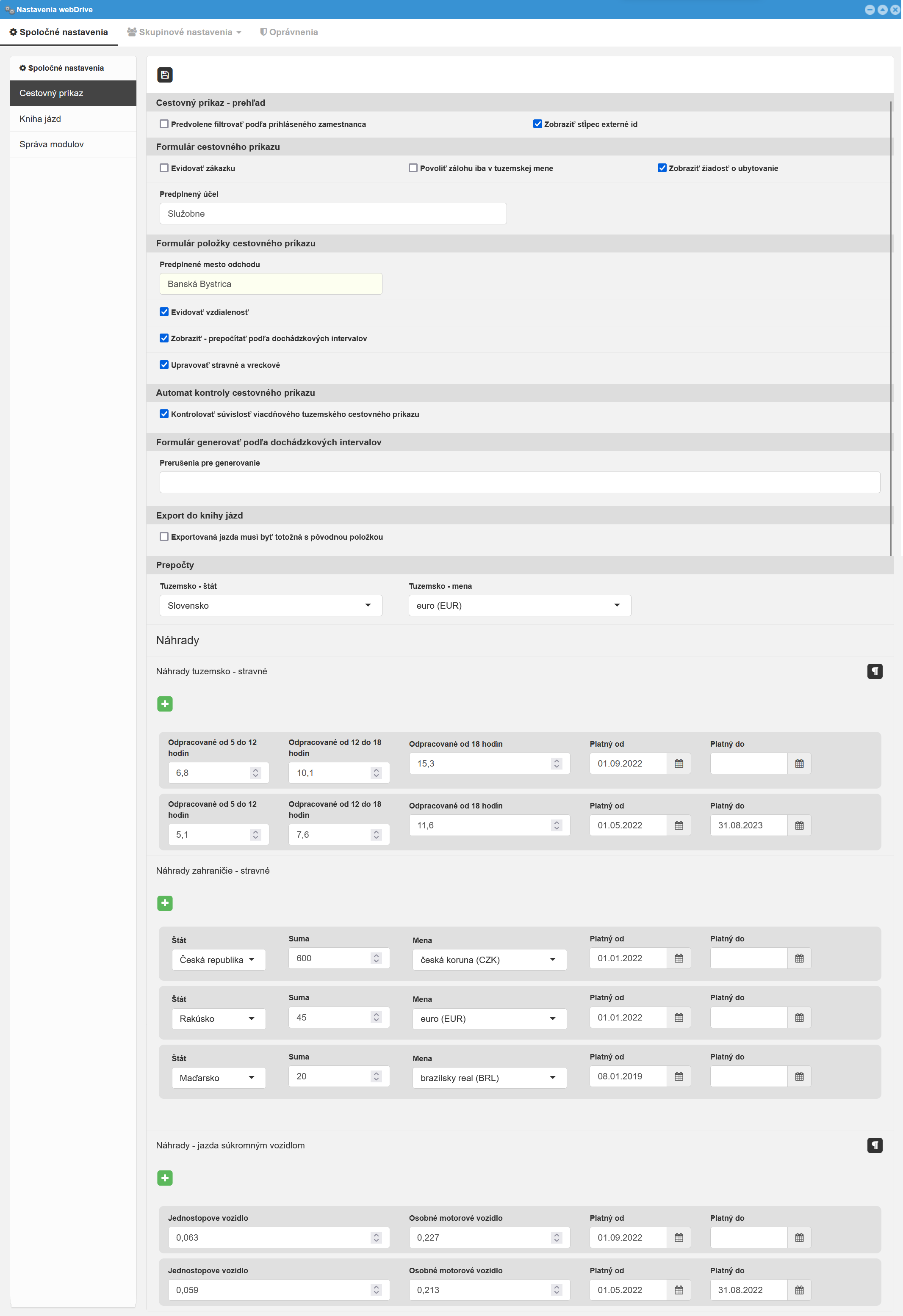 Spoločné nastavenia - Cestovný príkaz