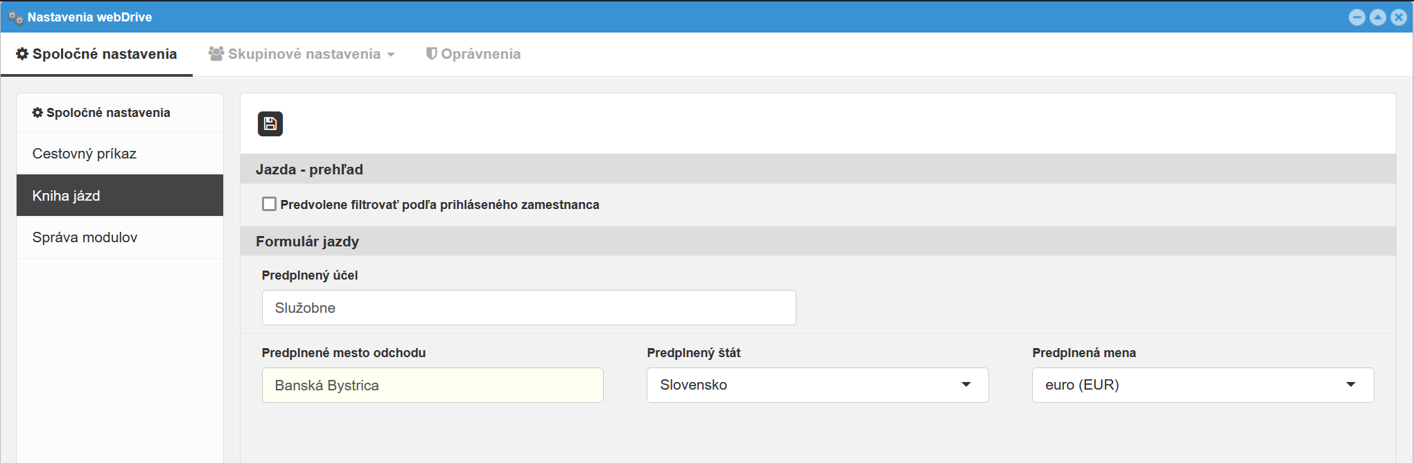 Spoločné nastavenia - Kniha jázd