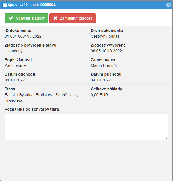 Spravovať žiadosť - schvaľovanie